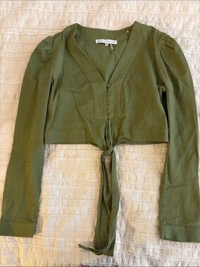 English Factory Olive Tie-Front Long Sleeve Crop Top